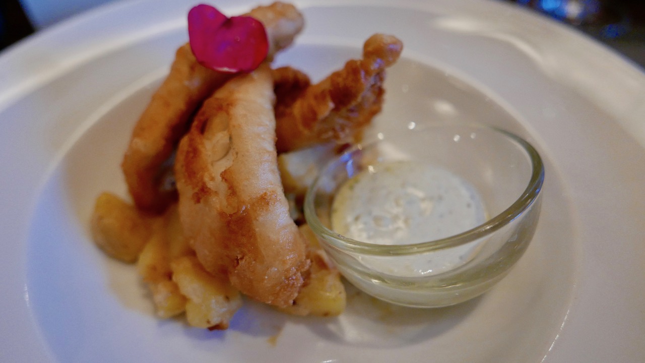 Beer battered perch and potato salad at Restaurant Français