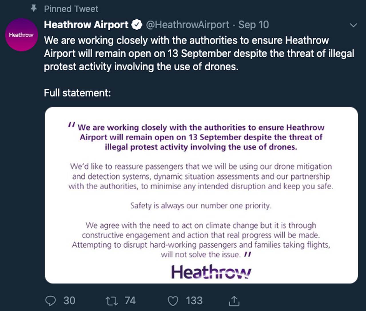 Tweet from Heathrow airport