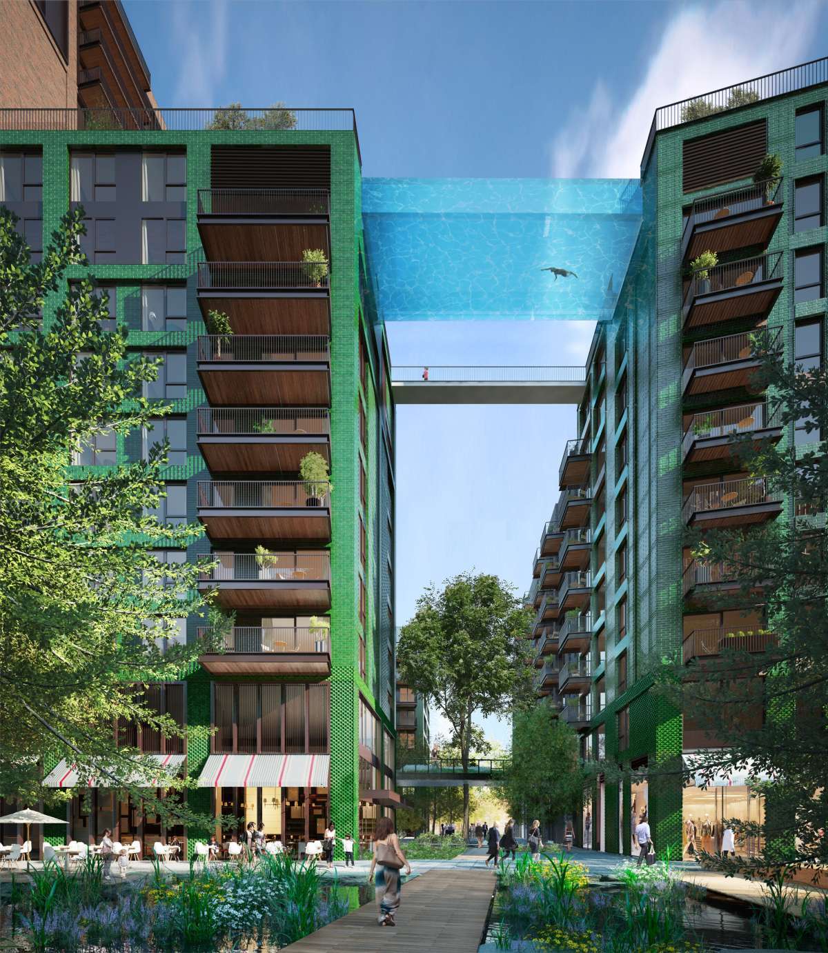 view of Sky Pool from street level, Embassy Gardens, London